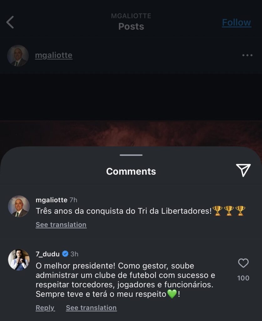 Dudu comenta em post do ex-presidente Maurício Galiotte