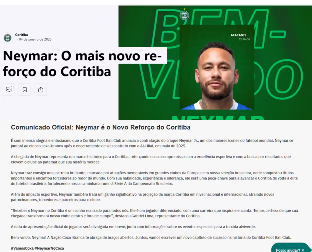 Hacker invade site e anuncia Neymar no Coritiba